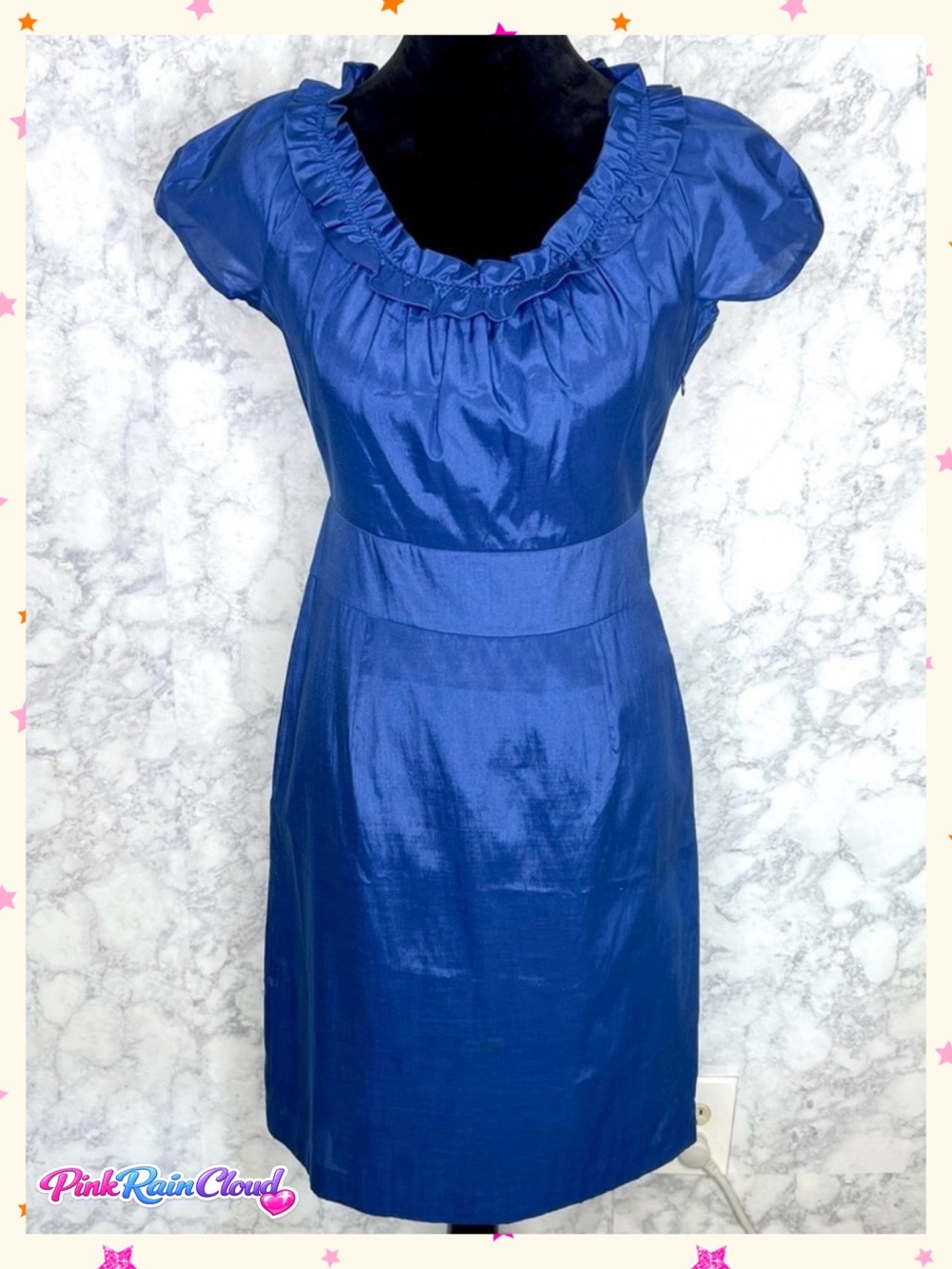 The Limited Blue Shimmer Y2K Ruffle Neck Dress Women’s 4 Cap Sleeve Lightweight